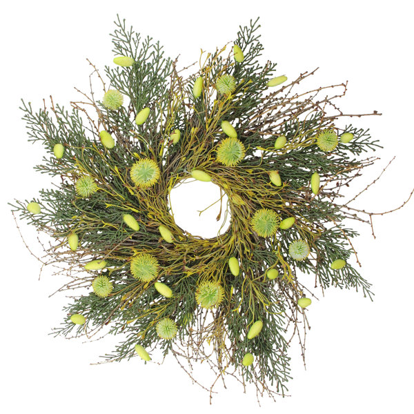 Northlight Burrs and Craspedia Artificial Twig Wreath Yellow and Green